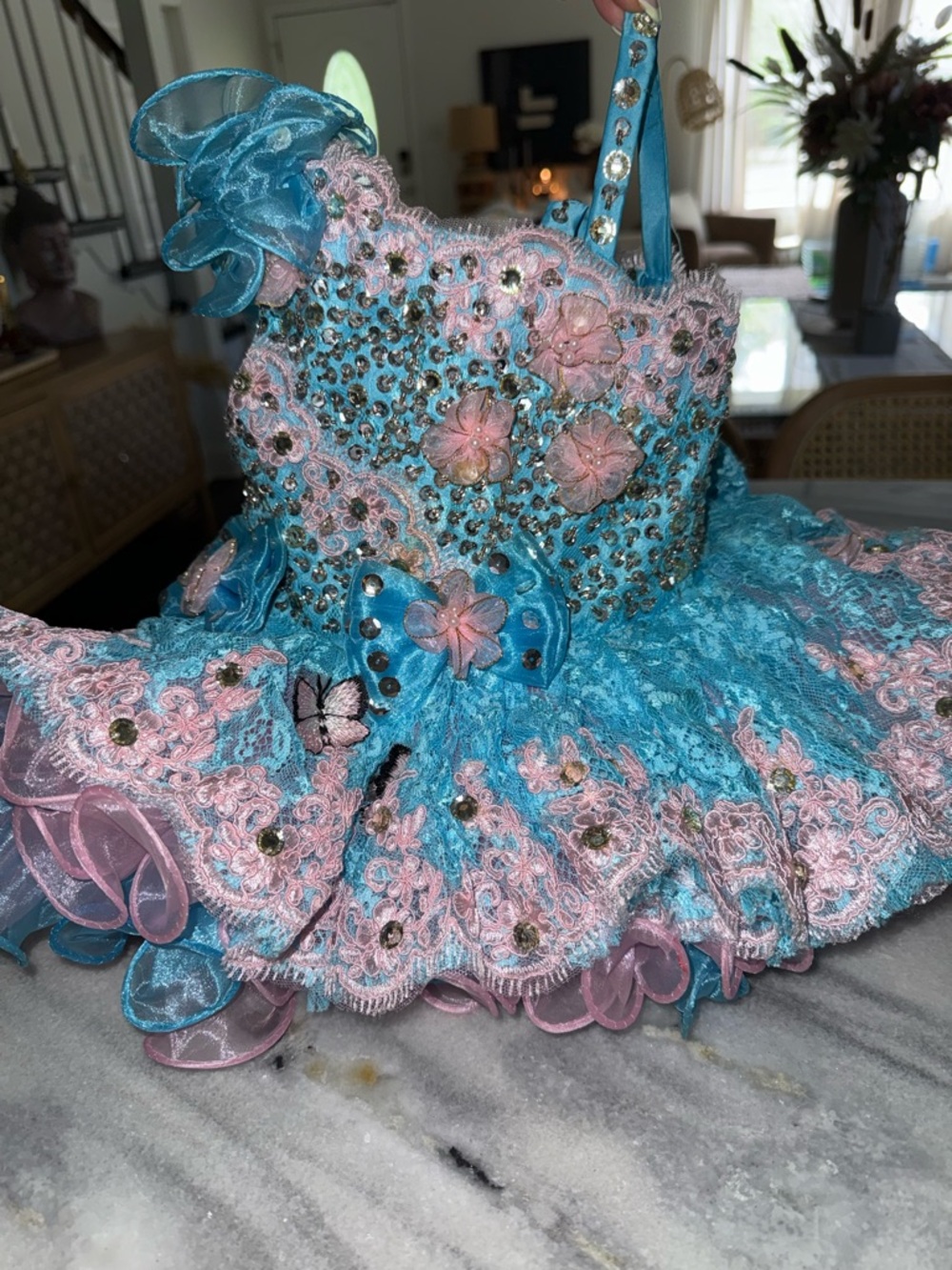 Sparkling Turquoise & Pink Embellished baby pageant Dress size 12 month